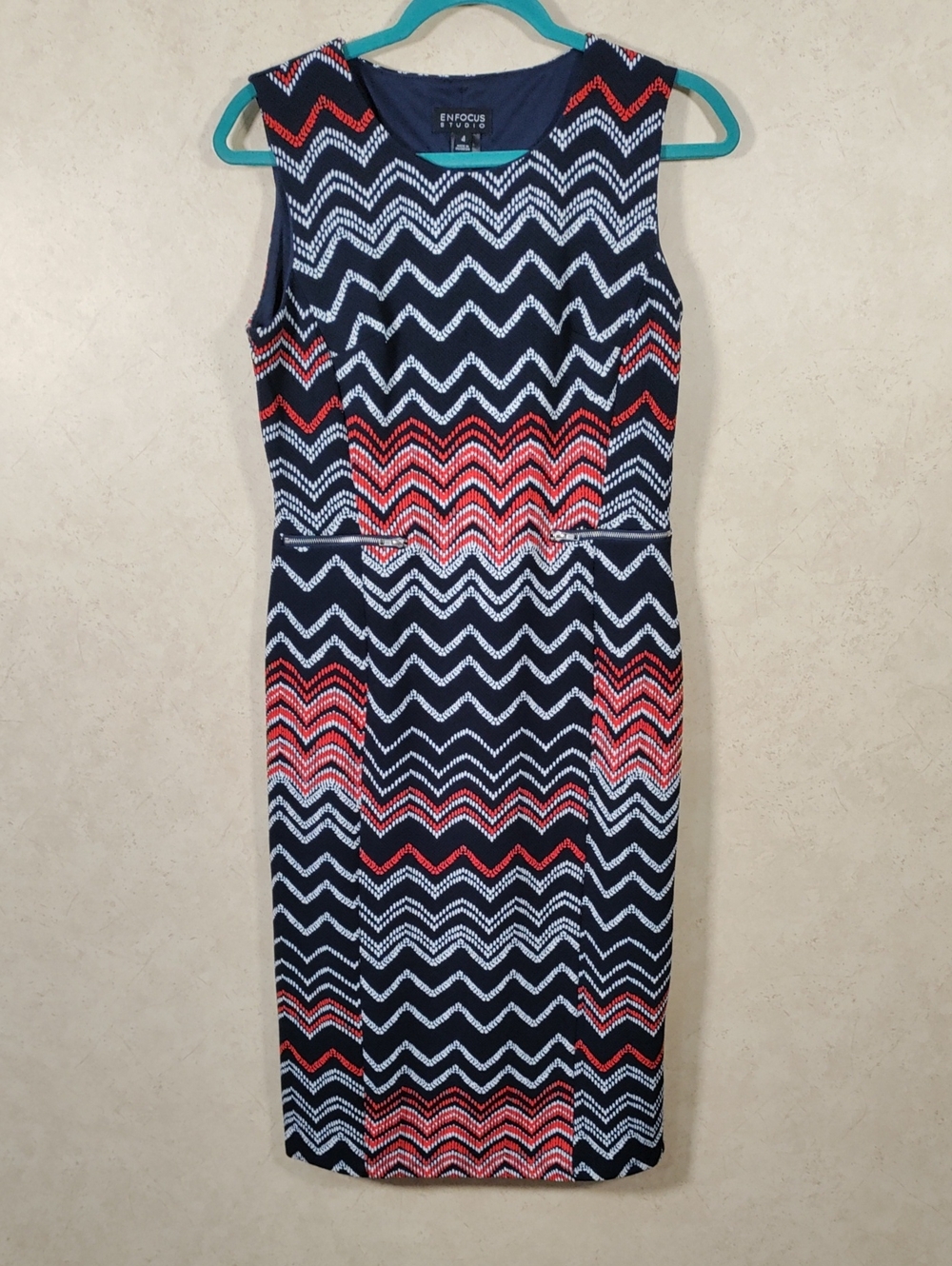 J101 Enfocus Studio Navy Sheath Dress w/ Red & White Chevron Print 4